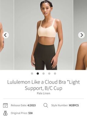 lululemon athletica Like a Cloud Bra Light Support B/C Pale Linen size 10